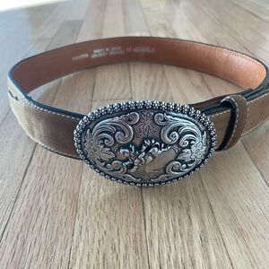 Nocona big buckle rodeo cowgirl genuine leather wide brown embossed belt 26
